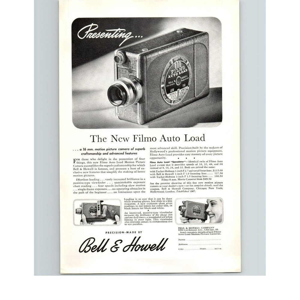 1940 Bell & Howell Filmo Movie Camera 16mm Film Vintage Print Ad